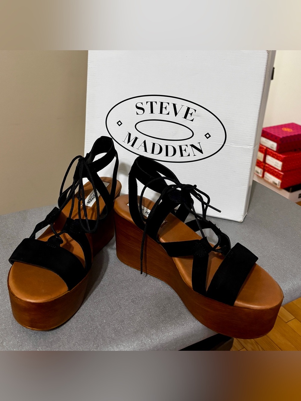 Steve Madden Black Suede Lace-Up Platform Sandals with Wood-Look Sole